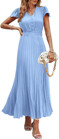 Women's Maxi Dress V Neck Pleated Cap Sleeve - Flowy Summer 2025