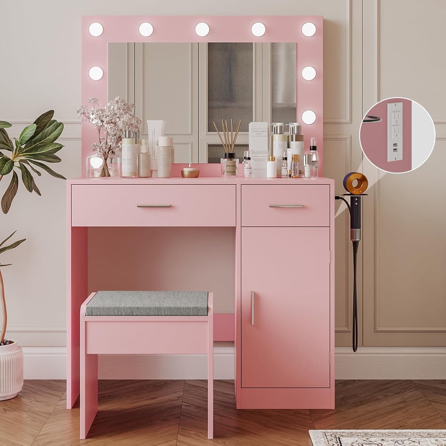 Pink Vanity Desk with Mirror, Adjustable Lighting & Power Socket