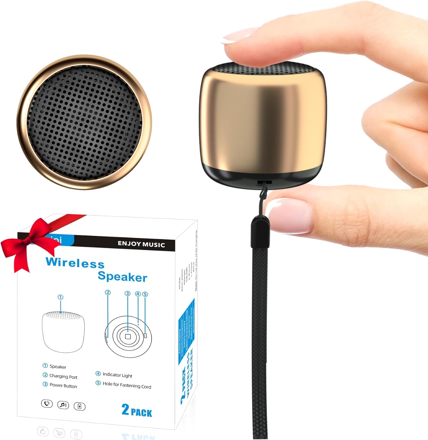 Portable Bluetooth Mini Speaker with Carry Strap - Rechargeable Gold