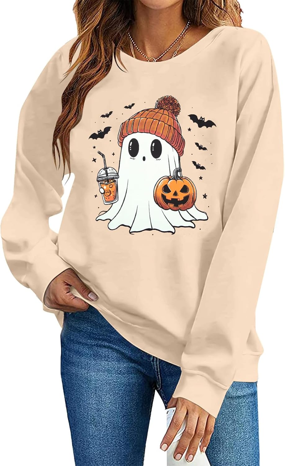 Halloween Sweatshirts for Women Ghost Pumpkin Long Sleeve Shirt