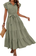 dowerme Women's Summer Casual Ruffle Sleeve V Neck Tiered Maxi Dress