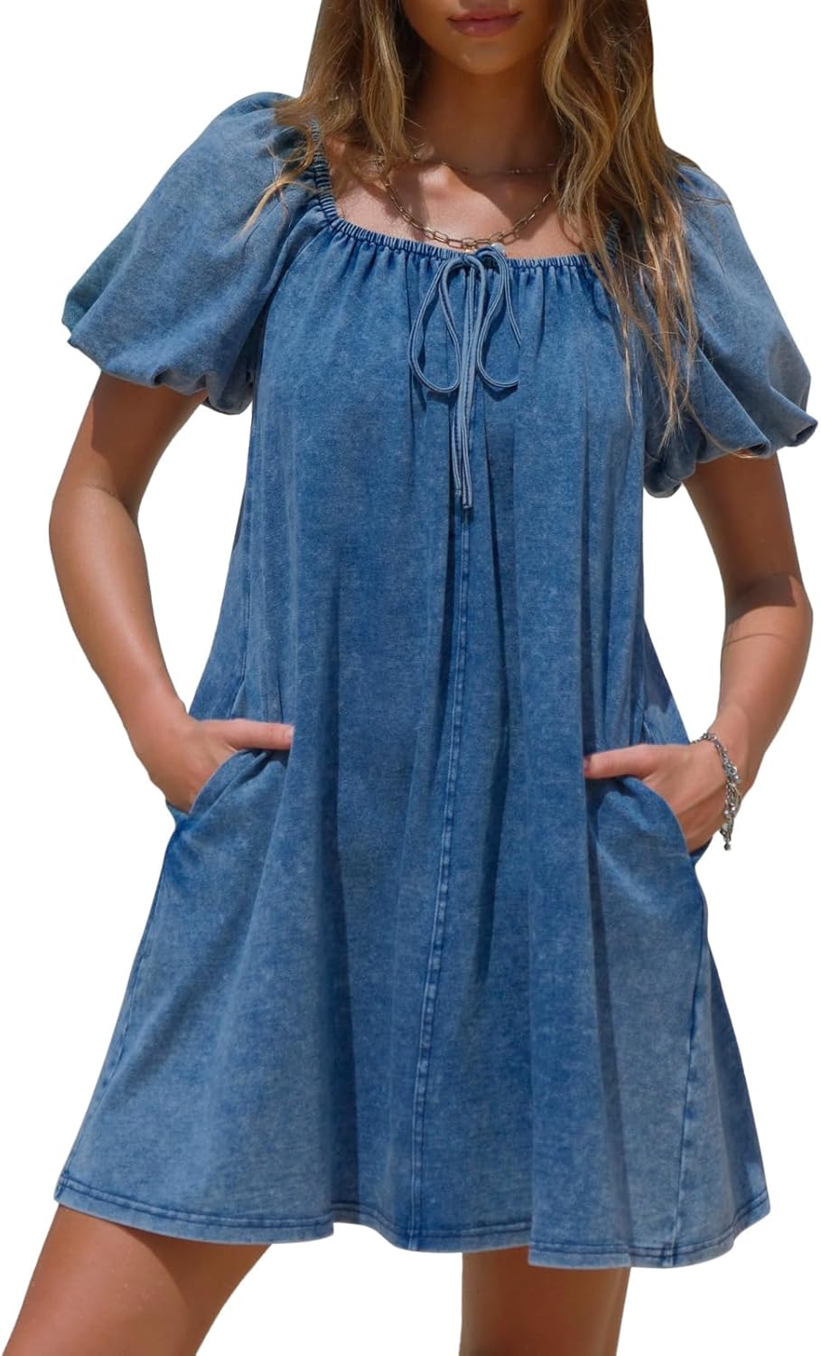 EXLURA Womens Summer Denim Short Puff Sleeve Dress for 2025