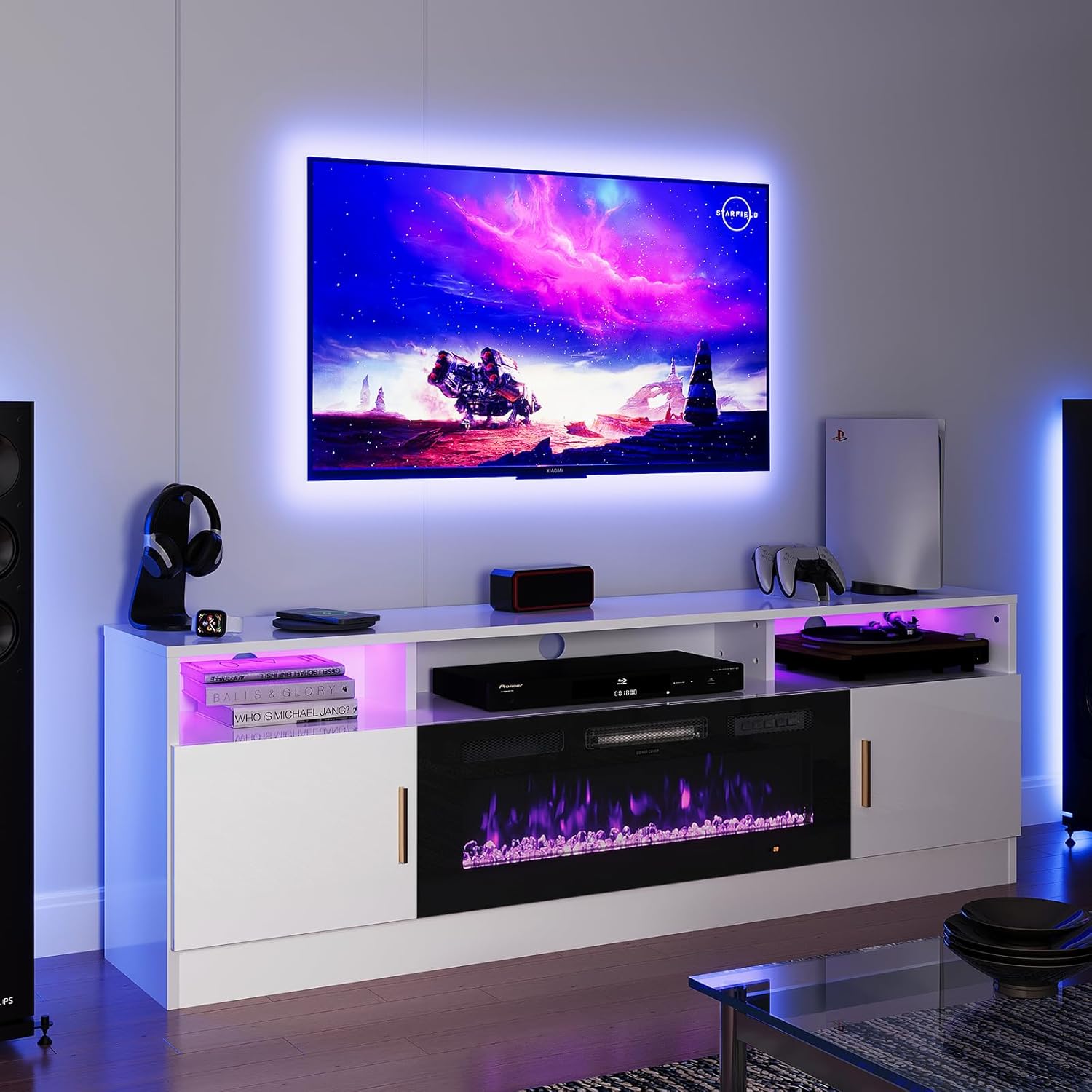 oneinmil 70 Electric Fireplace TV Stand: Stylish Storage & LED Lights
