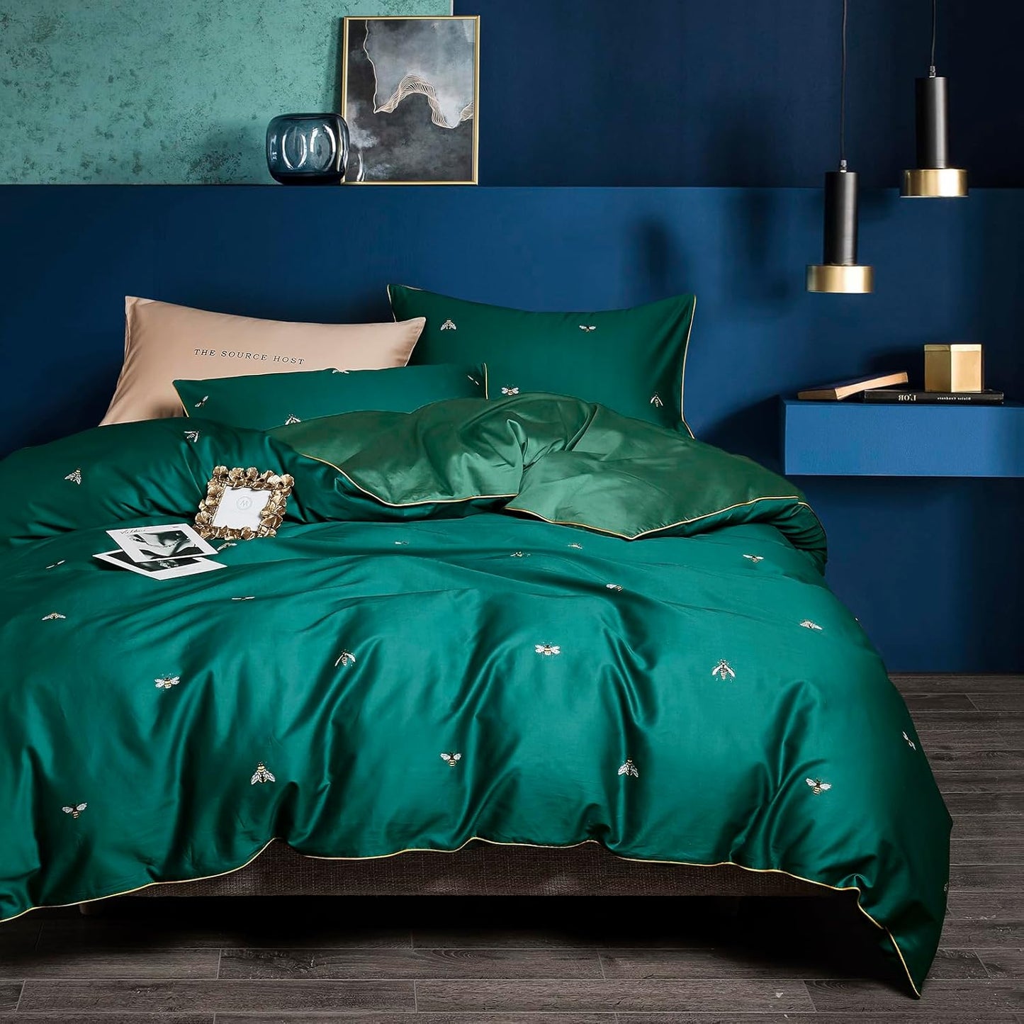 Dark Green Duvet Cover King Size Set with Floral Pattern Design
