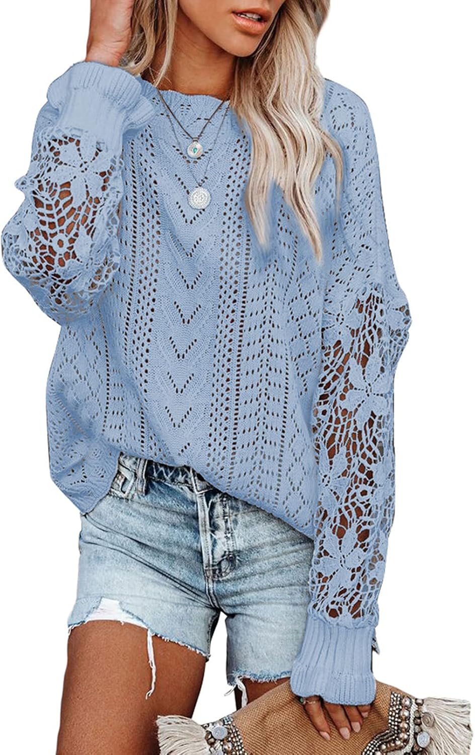 Dokotoo Womens Crochet Lace Long Sleeve Sweater for Fashion