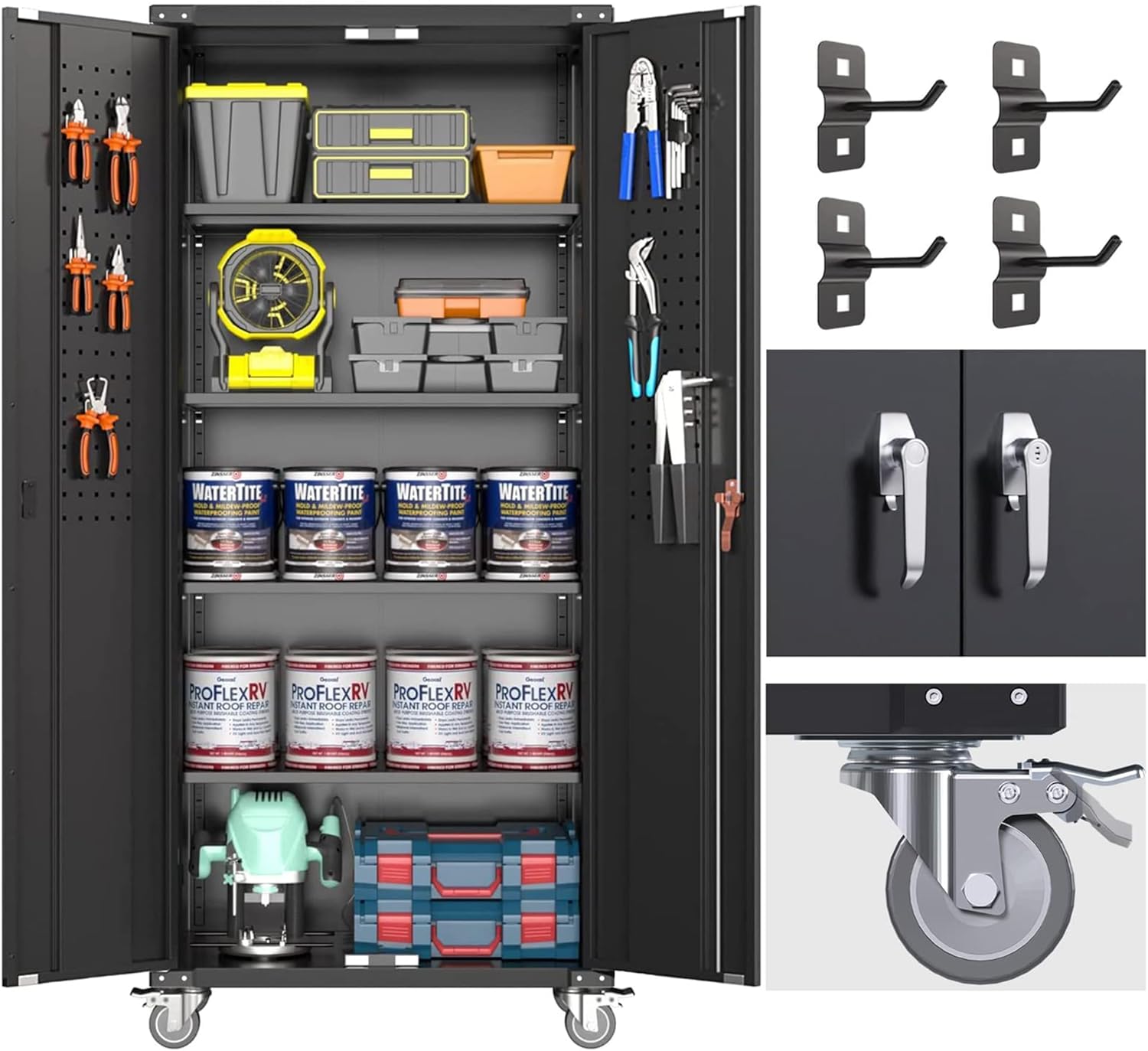 Garage Storage Cabinet with Wheels & Pegboard for Easy Access