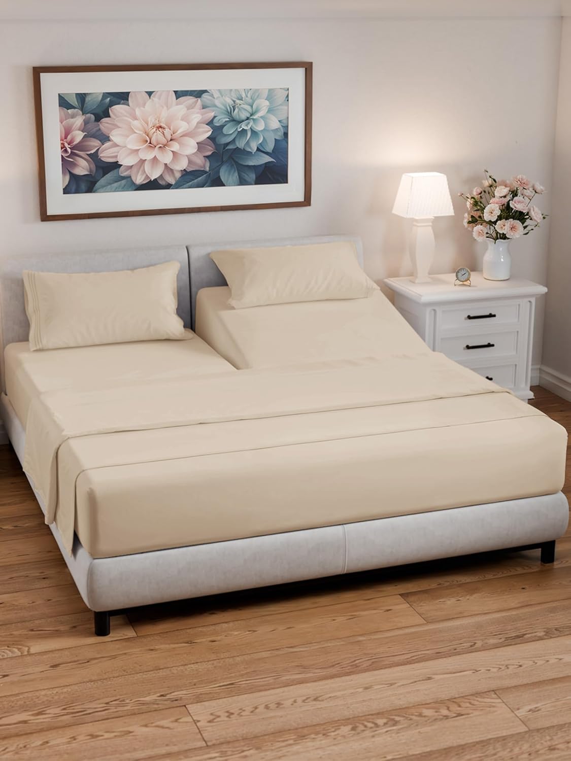 Split Head King Sheets Set for Adjustable Beds - Wheat Color