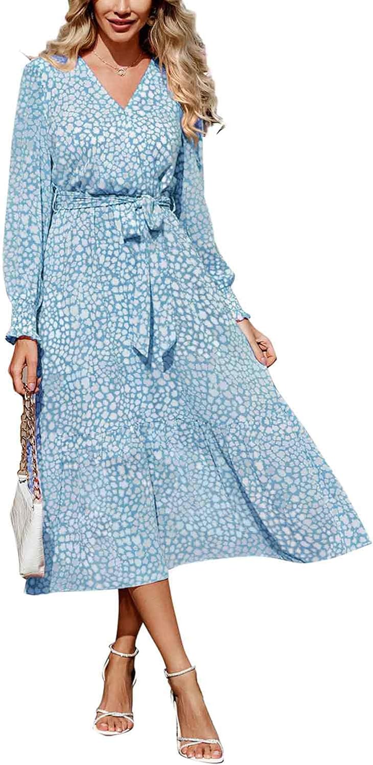 Floral Boho Maxi Dress for Women - Long Sleeve Wrap V Neck