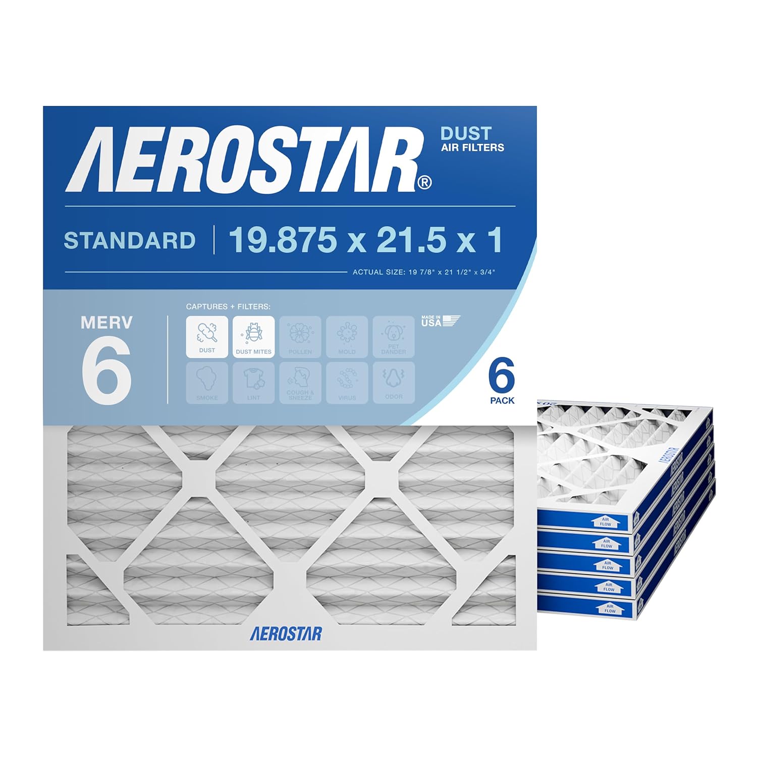 Aerostar MERV 6 Pleated Air Filter for HVAC Systems, 6 Pack