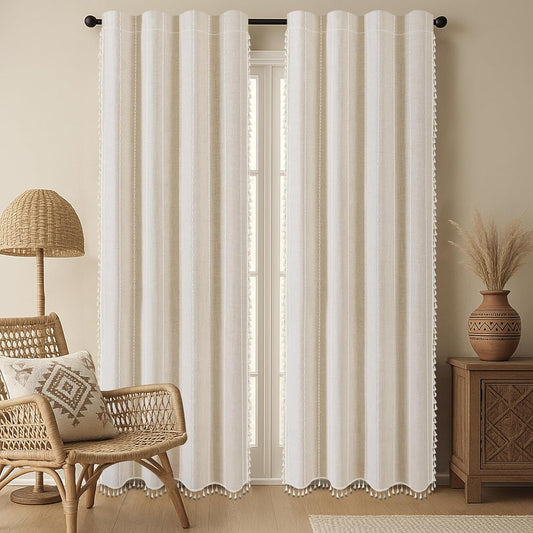 Boho Blackout Curtains 90 Inch Beige Linen Blend for Home Decor
