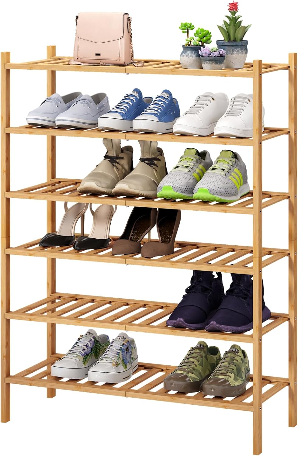 6-Tier Bamboo Shoe Rack for Entryway, Stackable & Foldable