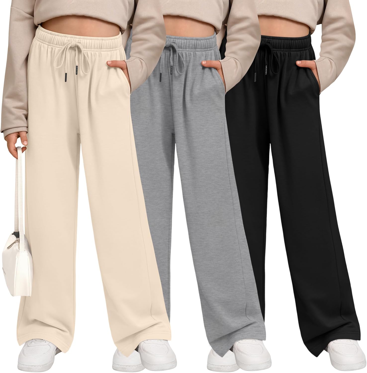 3 Pack Girls' Sweatpants Wide Leg Casual Joggers with Pockets