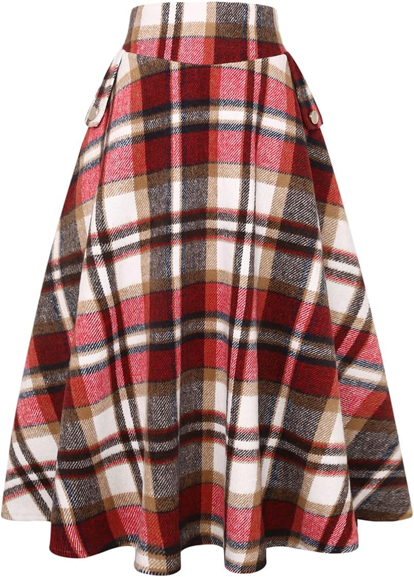 IDEALSANXUN Womens High Waisted Wool Plaid A-line Long Skirt