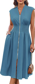 Womens Summer Casual Midi Dress with Zipper and Pockets - Flowy Fit