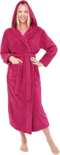 Womens Long Plush Hooded Robe in Pink Magenta Polka Dot - Plus Size