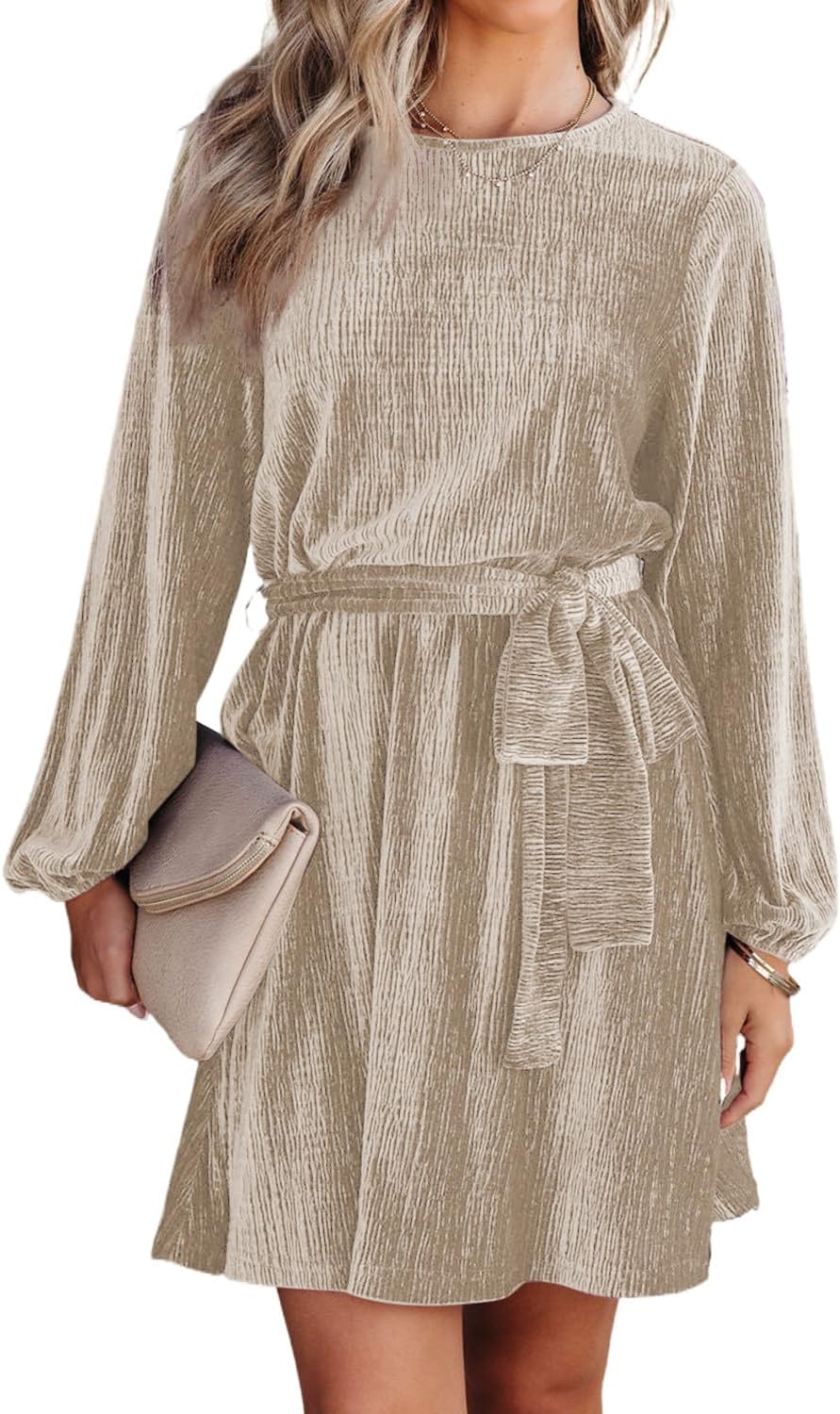 Stylish Velvet Dress for Women with Lantern Sleeves and Belt