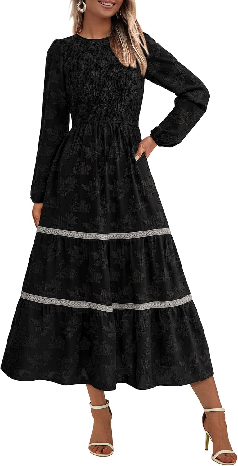 PRETTYGARDEN Long Sleeve Floral Boho Midi Dress for Women
