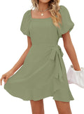 Womens Square Neck Puff Sleeve Tie Waist Summer Dress - Flowy Chiffon