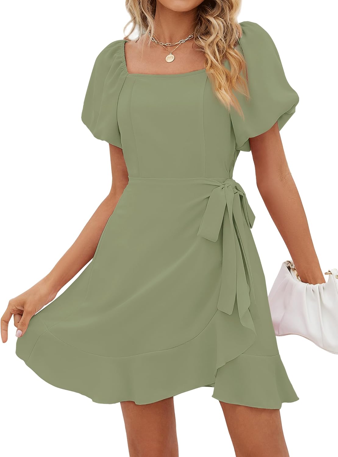 Stylish Womens Summer Dresses with Puff Sleeves and Tie Waist