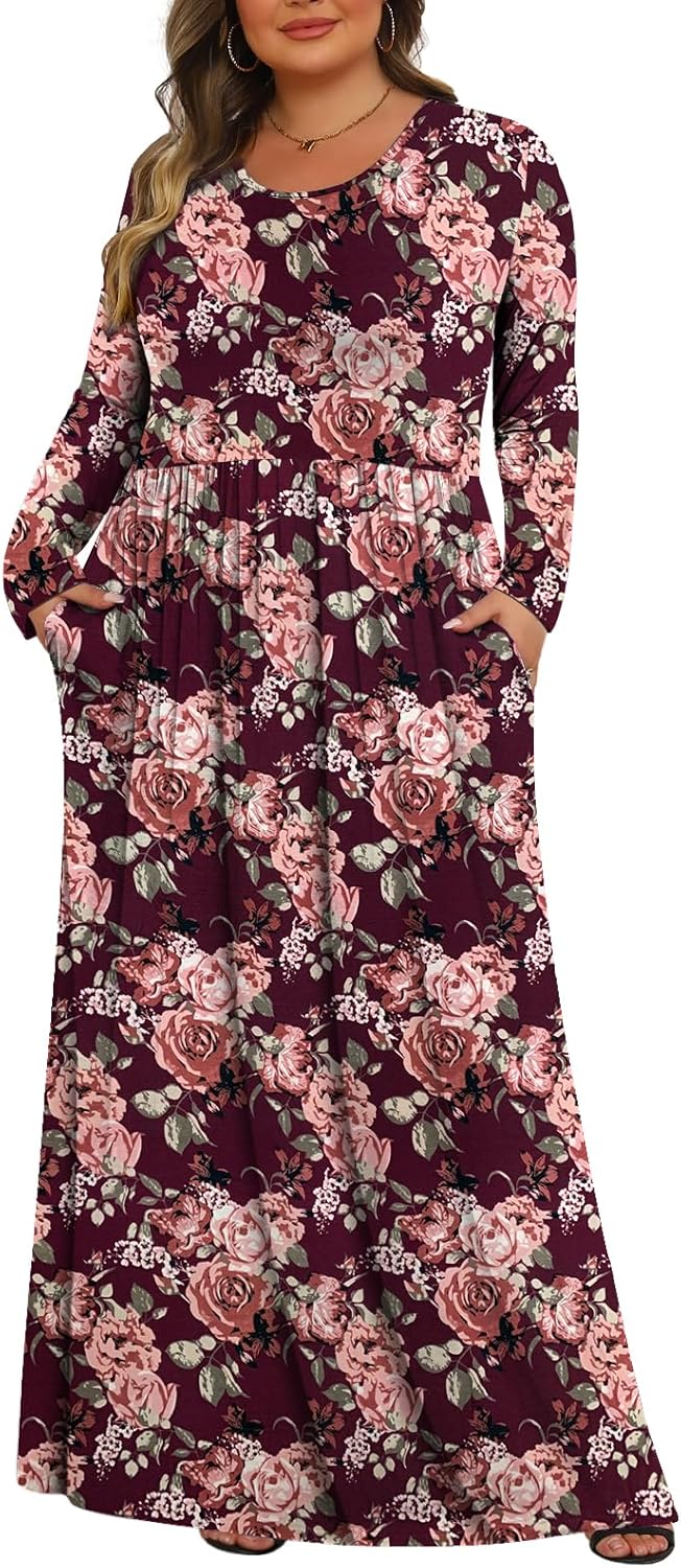 Tencede Womens Plus Size Maxi Dresses Long Sleeve with Pockets