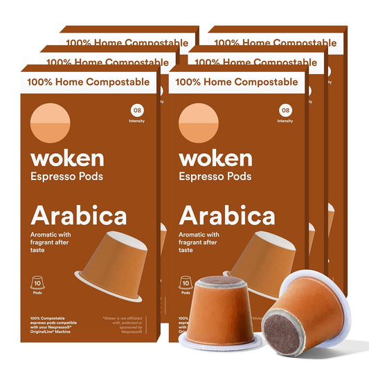 WOKEN COFFEE Compostable Nespresso Pods - Medium Roast Espresso Capsules - 60 Pods