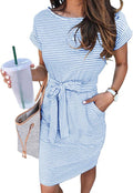 Women's Striped Short Sleeve T Shirt Dress with Pockets - Summer Fit