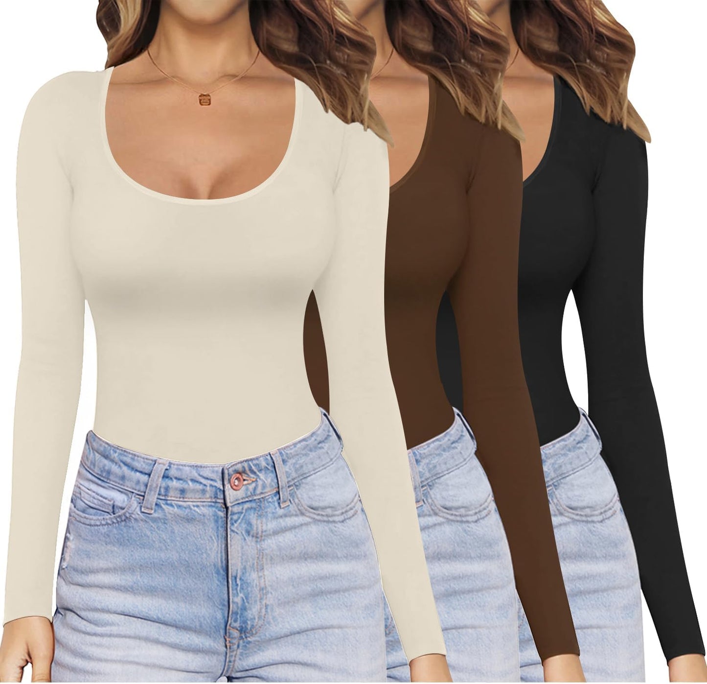 Ekouaer Womens Long Sleeve Scoop Neck Tops 3 Pack for All Seasons