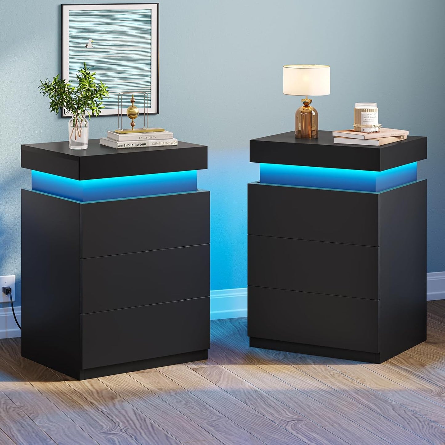 LED Nightstands Set of 2 with Charging Station and RGB Lights