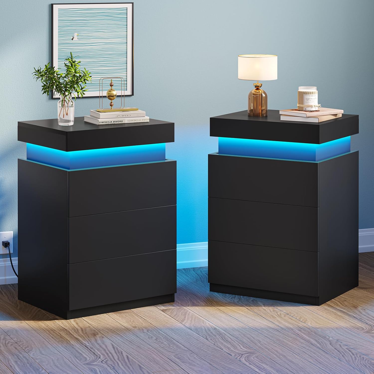 LED Nightstands Set of 2 with Charging Station and RGB Lights