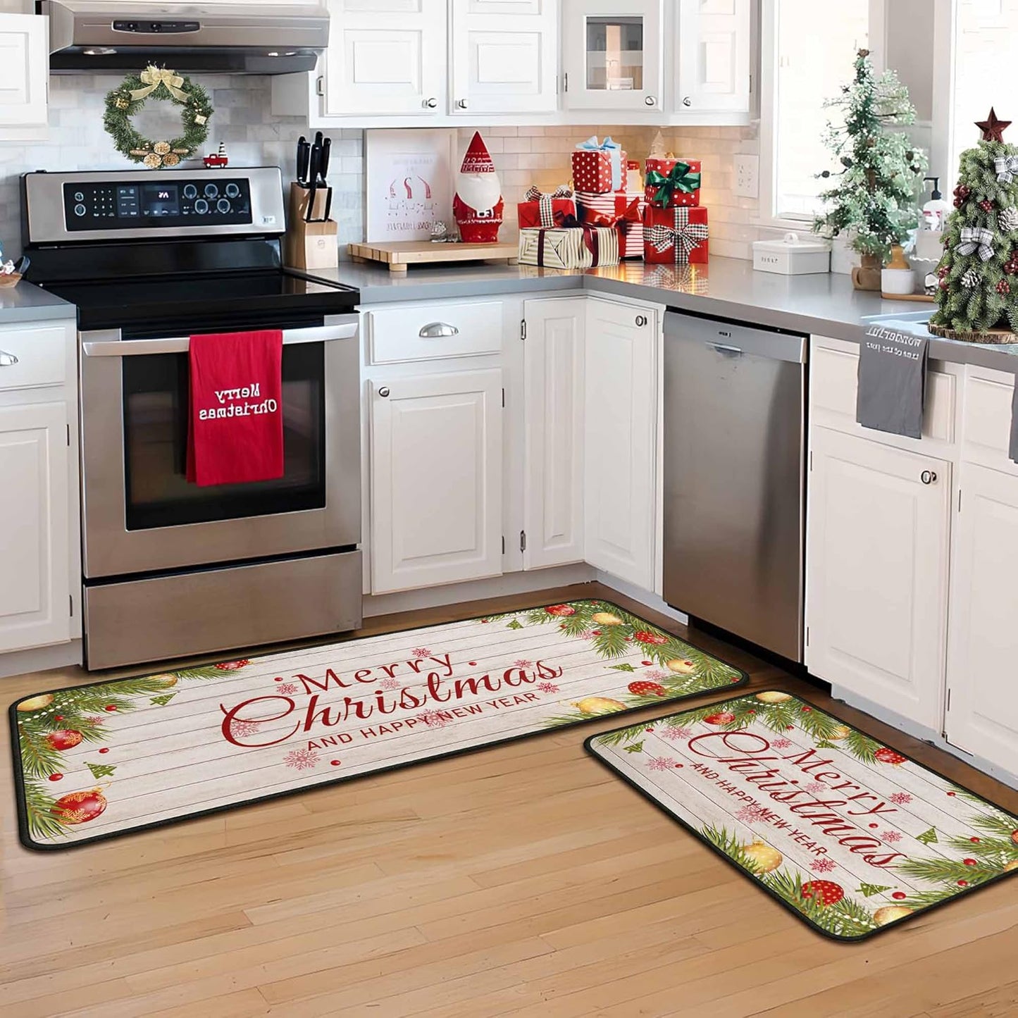 Merry Christmas Kitchen Rugs and Mats Set for Holiday Cheer