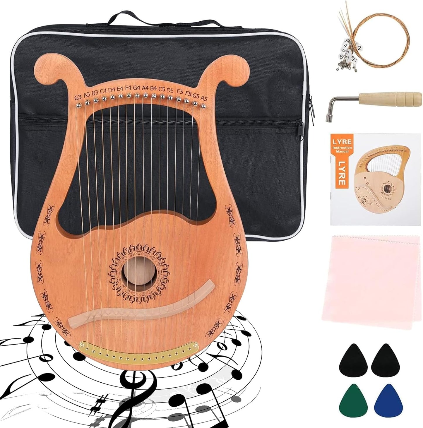 16 String Mahogany Lyre Harp with Gig Bag and Tuning Support