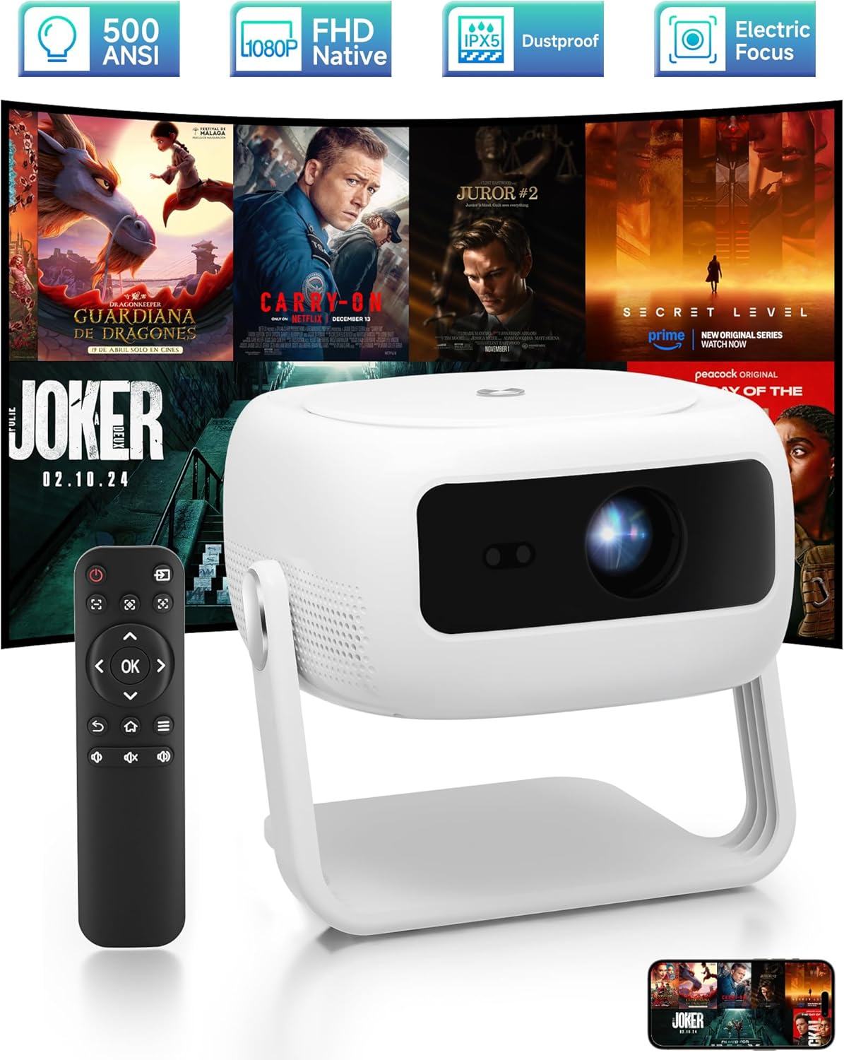Native 1080P HD Projector with 4K Support and Bluetooth Features
