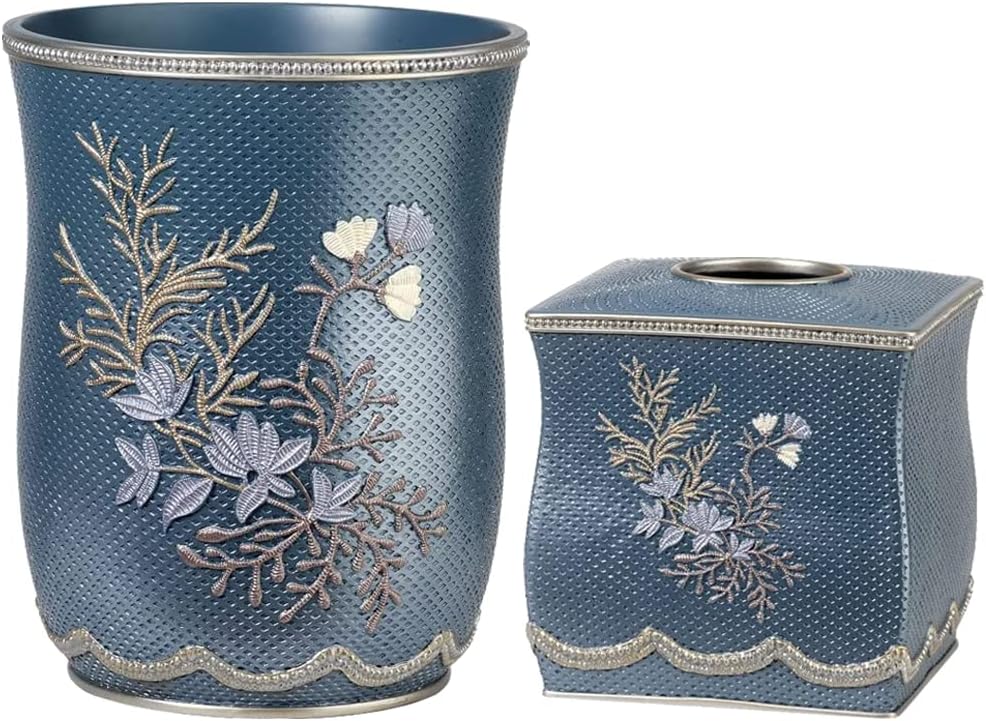Capri Bathroom Decor Set Waste Basket & Tissue Cover in Blue