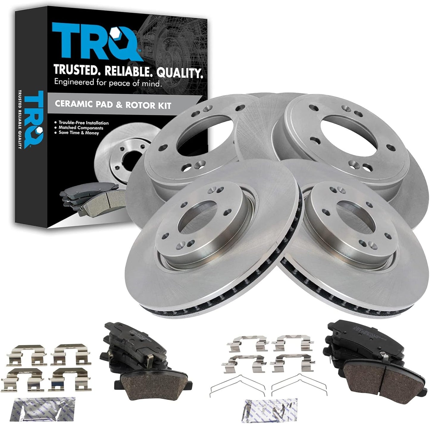 TRQ Front and Rear Brake Pad & Rotor Kit for Kia Forte5 2017-2018