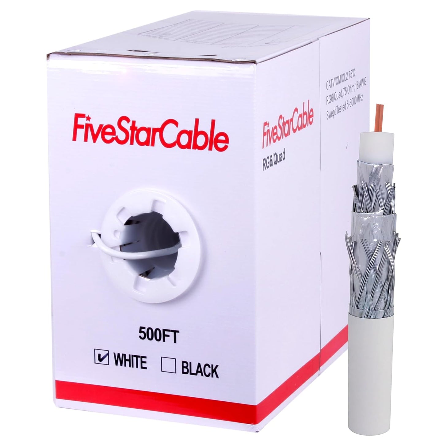 RG6 500ft Quad Shielded Coaxial Cable for HDTV and Internet