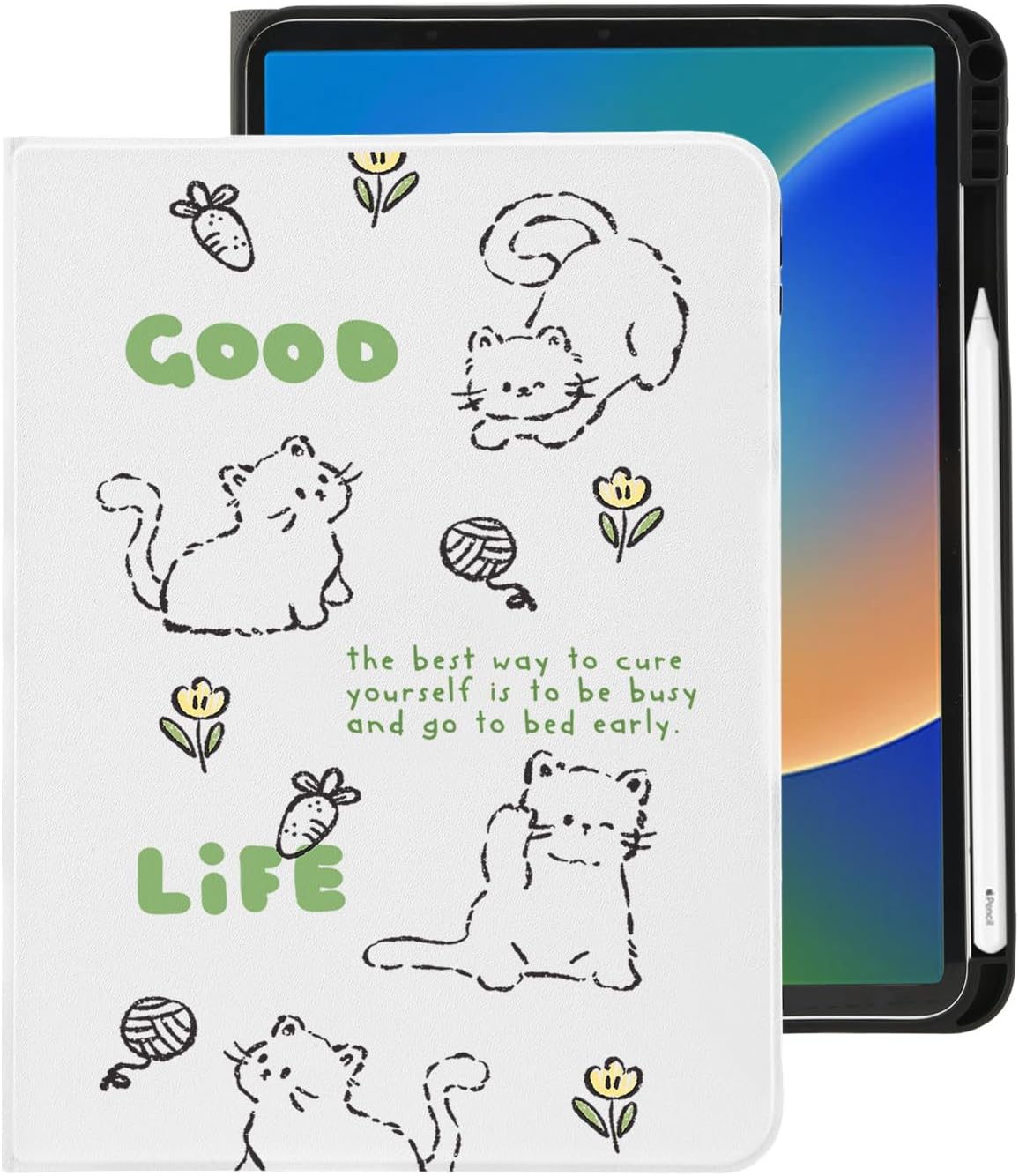 Cute Kawaii Kitten iPad Case with Pencil Holder and Auto Sleep