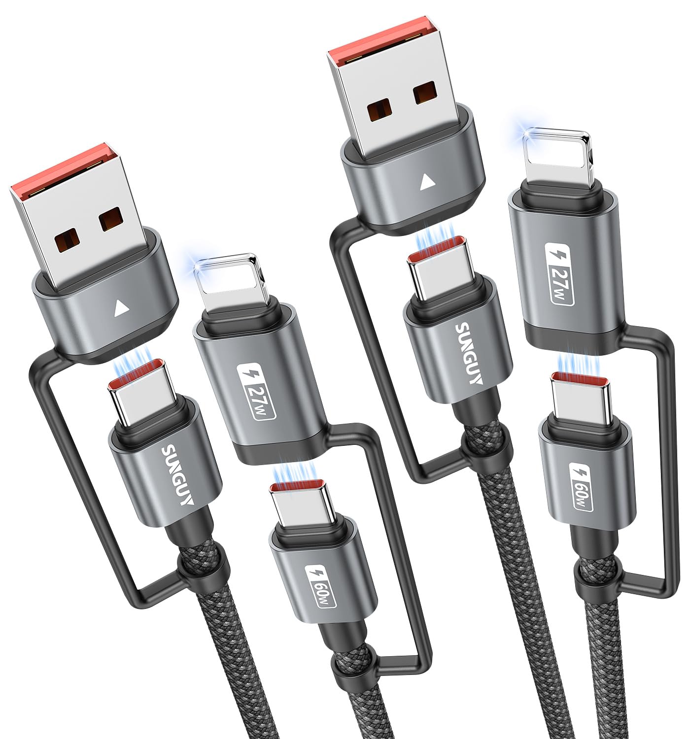 SUNGUY 4-in-1 2FT Charging Cable [2 Pack] - Fast Multi-Device Charging!