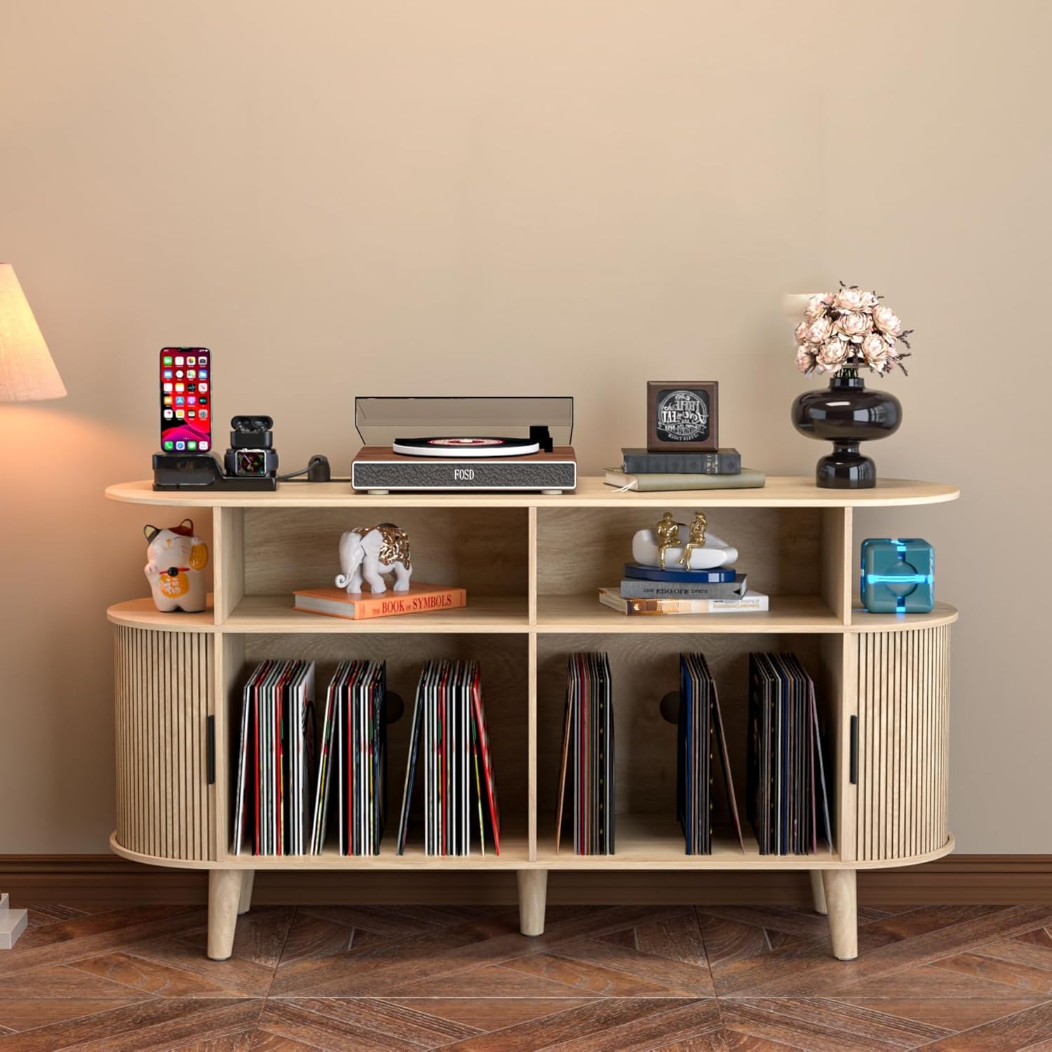 Large Round Record Player Stand with Charging Station for Vinyl