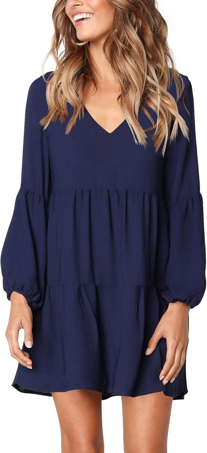 Amoretu Womens Tunic Dress Long Sleeve V Neck Casual Style