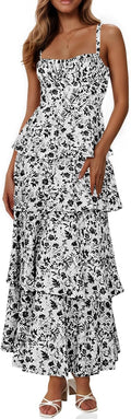 Fisoew Womens Floral Maxi Dresses Spaghetti Strap - Flowy Tiered