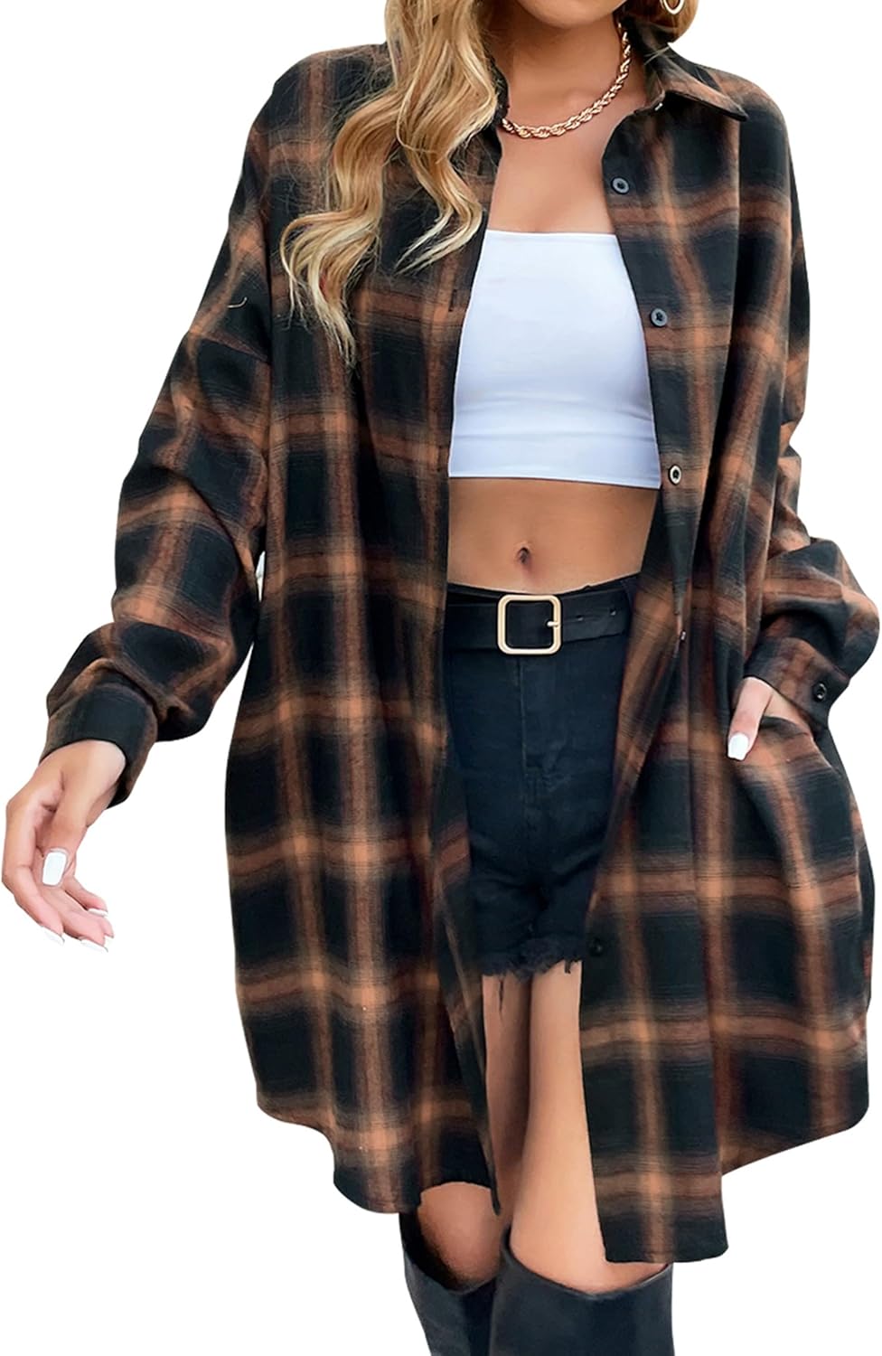 Blooming Jelly Women's Flannel Shirts Plaid Shacket for Fall