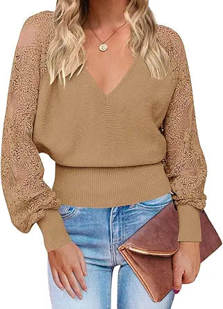 MEROKEETY Women's V Neck Lace Long Sleeve Sweater for Style
