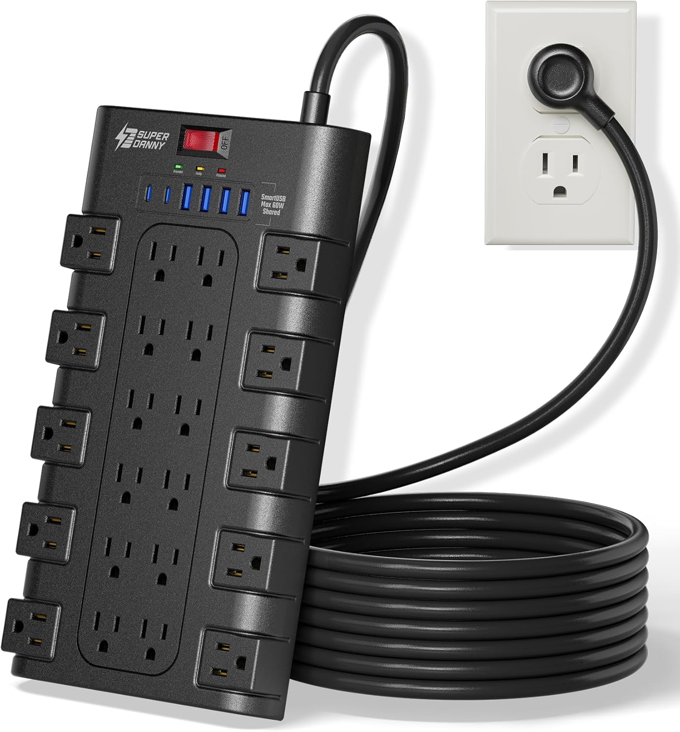 10Ft Power Strip Surge Protector with 22 Outlets and USB Ports