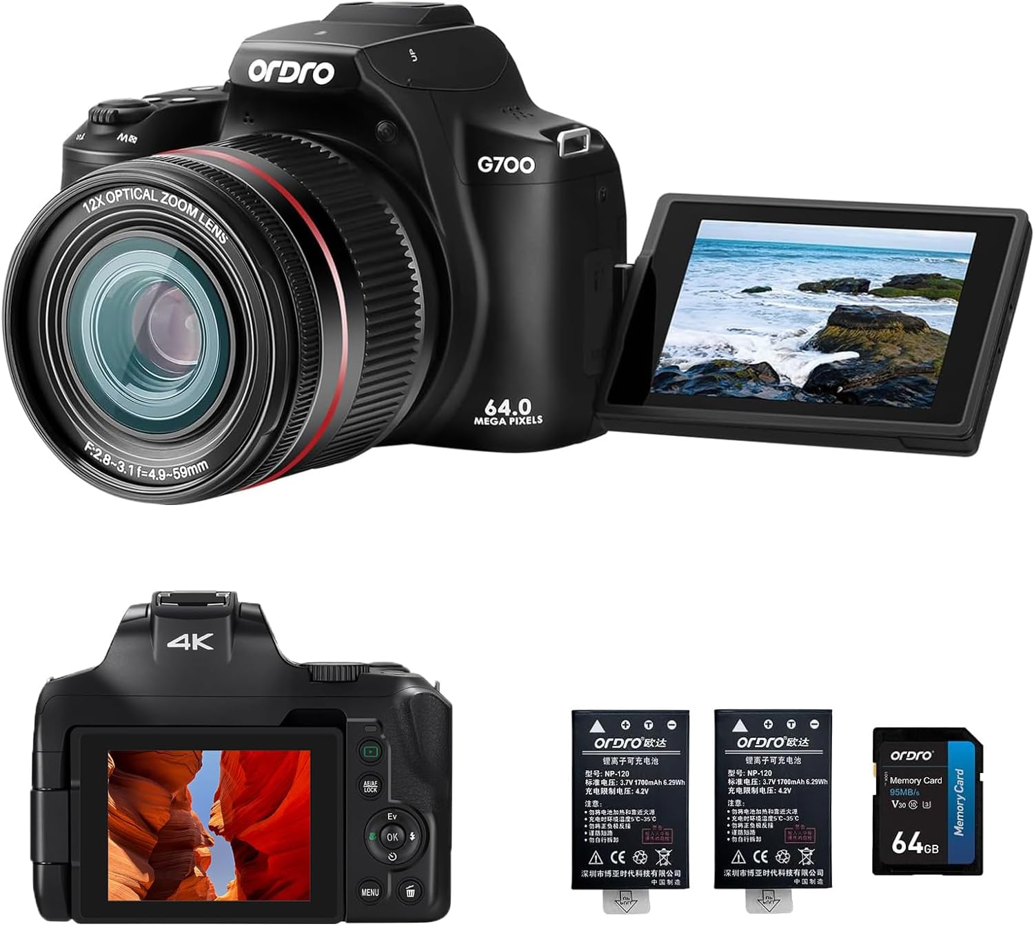 ORDRO 4K Camera: 12X Optical Zoom, WiFi, Flip Screen