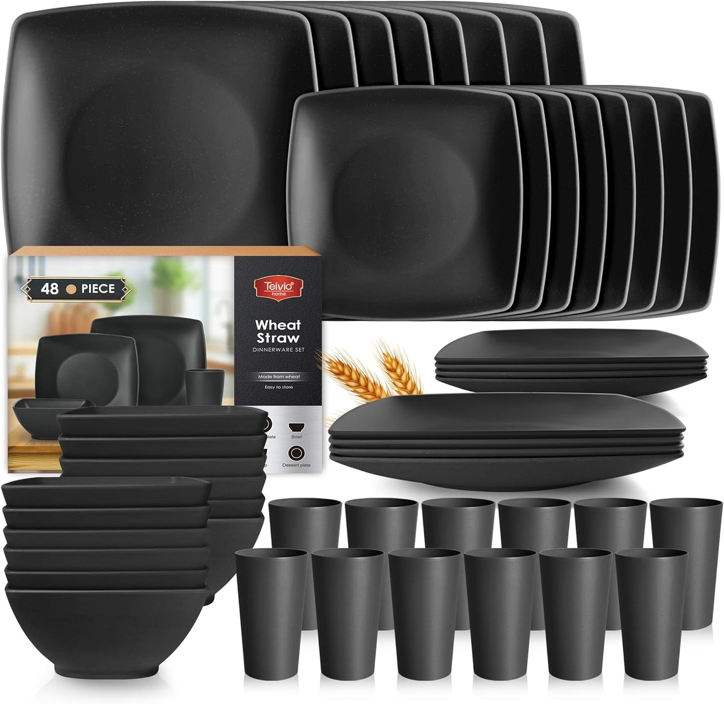 Teivio 48-piece Kitchen Plastic Wheat Straw Dinnerware Set