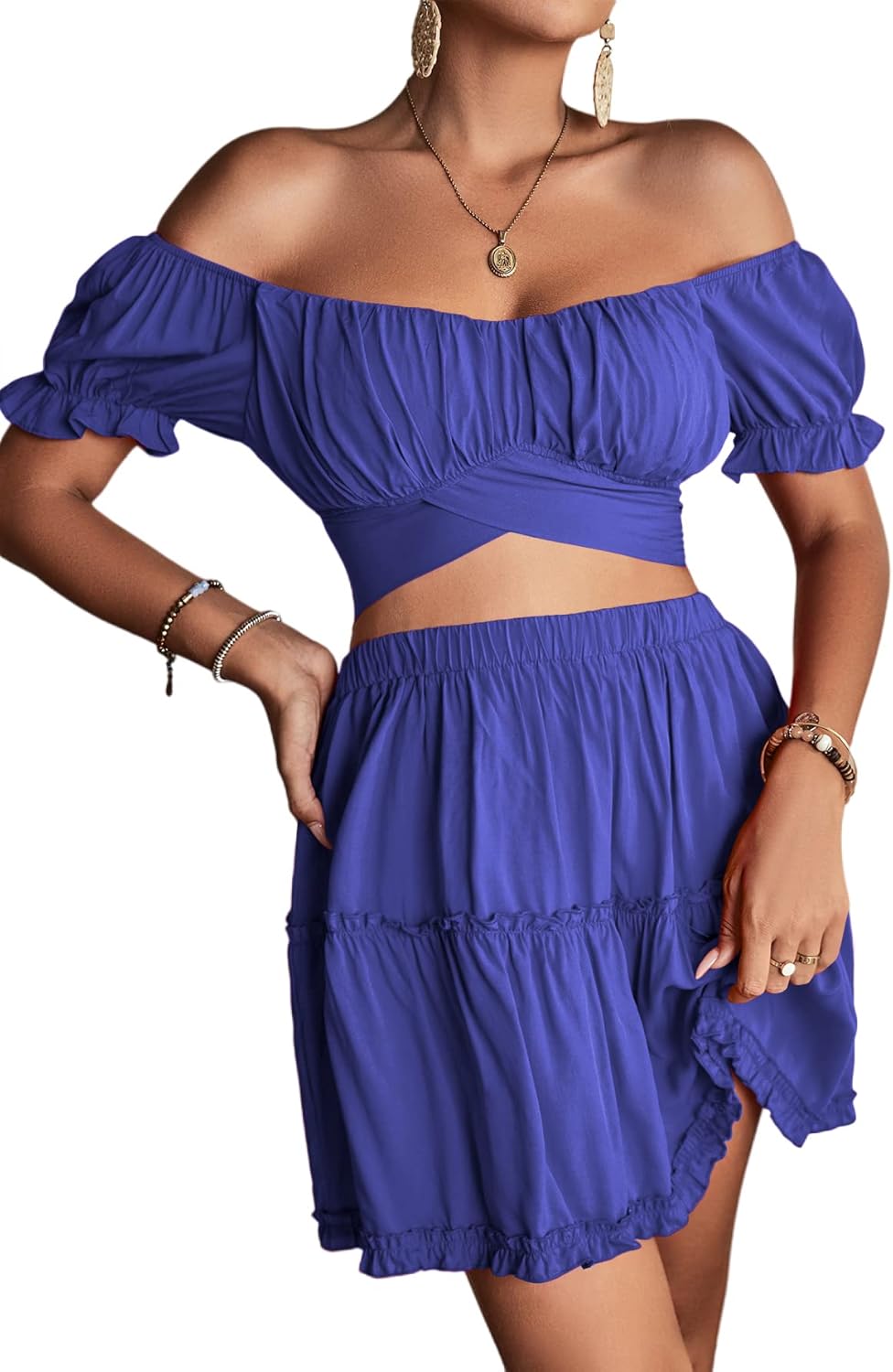 LYANER Women's Floral Off Shoulder Crop Top and Mini Skirt Set