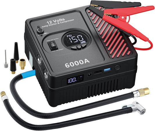 6000Amp Jump Starter + Air Compressor: Power On-the-Go!