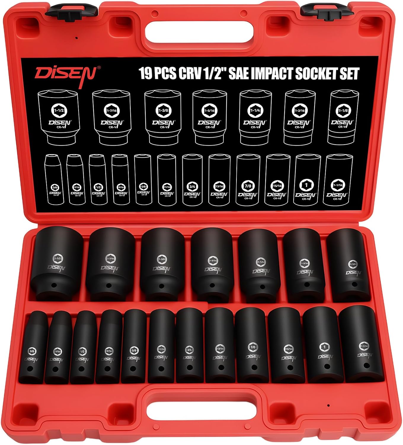 DISEN 19 Pcs 1/2 Inches Drive Impact Socket Set for Mechanics
