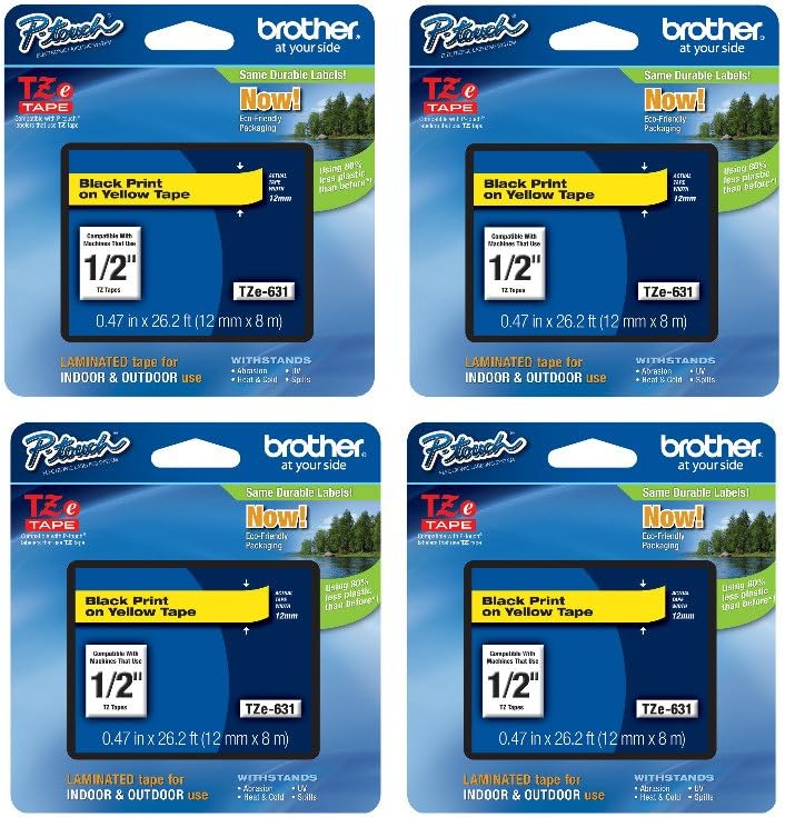Brother Genuine TZe-631 Black on Yellow Laminated Tape 4 Pack