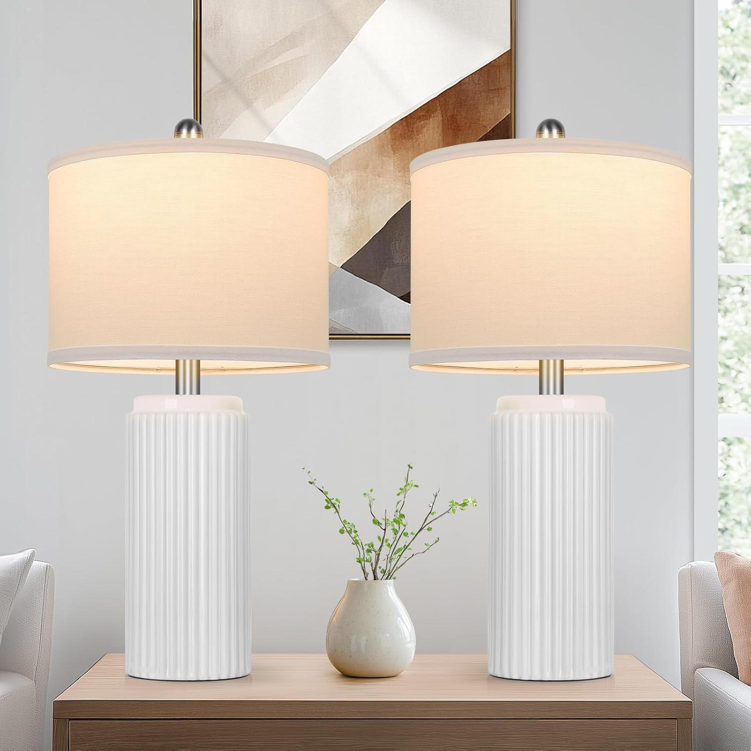 Modern White Ceramic Table Lamps Set of 2 for Home Decor